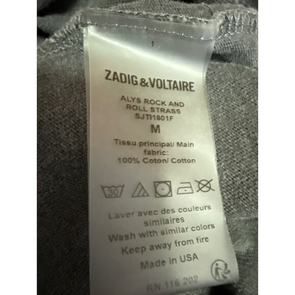 Zadig & Voltaire Alys Rock n Roll Strass Black Studded Rhinestone T-Shirt Top M - Picture 5 of 5